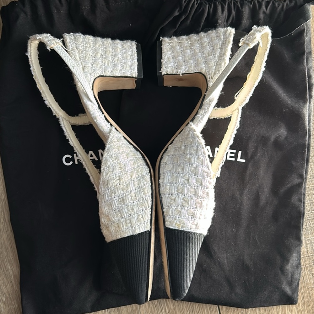 Chanel Tweed Cream/White Black Captoe Slingbacks EU 39C - Picture 5 of 14